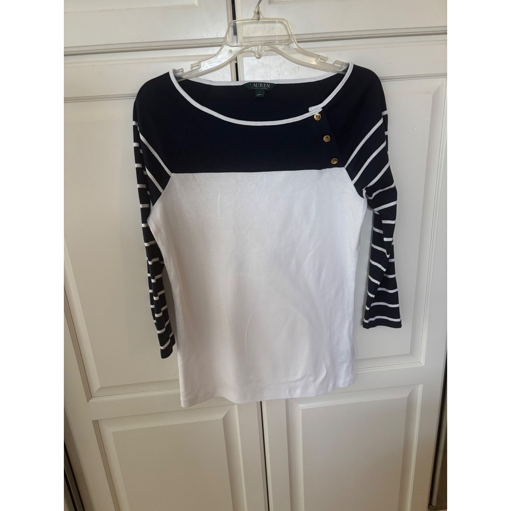 Lauren Ralph Lauren Navy White Striped Button Shoulder Cotton Knit Top Large